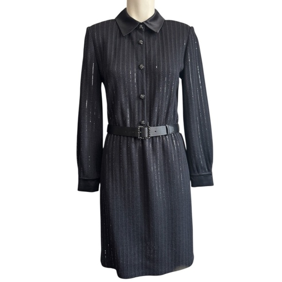 ST JOHN Evening Collection black dress sparkly professional belted women’s 2 NWT - Picture 3 of 17